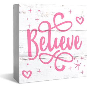 Wooden Box Signs: Believe, Merry Christmas, Perfect Pink & Red Decorations - 5x5 Inch, Great Gifts for Her