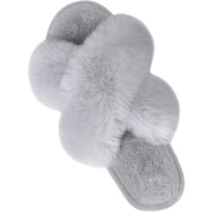 Parlovable Women's Fuzzy Slippers Comfy Cross Band House Shoes Memory Foam Open Toe Indoor Gifts for Ladies (7-8, Grey)