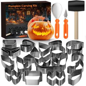 Pumpkin Carving Kit, 27PCS Stainless Steel Tools with 24 Halloween Shape Molds & 3 Carving Tools, Safe DIY Pumpkin Decor for Adults and Kids, Machine Washable