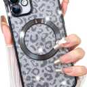 Fiyart Designed for iPhone 11 Case,Compatible with MagSafe Cheetah Print Plating Camera Protection Magnetic Clear Glitter Leopard Print Shockproof Phone Bumper for Women Girls 6.1"-Black