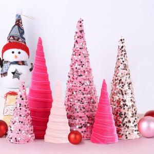 6 Pcs 12" 10" 6" Pink Valentines Cone Tree Decorations Velvet Pink Glitter Table Decor Flocked Farmhouse Tiered Tray Ornament Valentines Xmas Tree for Home Holiday Entryway Tabletop Centerpiece Decor