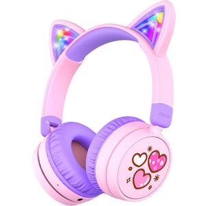iClever Kids Bluetooth Headphones, Light Up Cat Ear,60H Playtime, USB C Fast Charging, Safe Volume 74/85dBA, Bluetooth 5.3,Toddler Headphones Wireless for iPad Tablets Travel,Meow CookiesPeach Pink