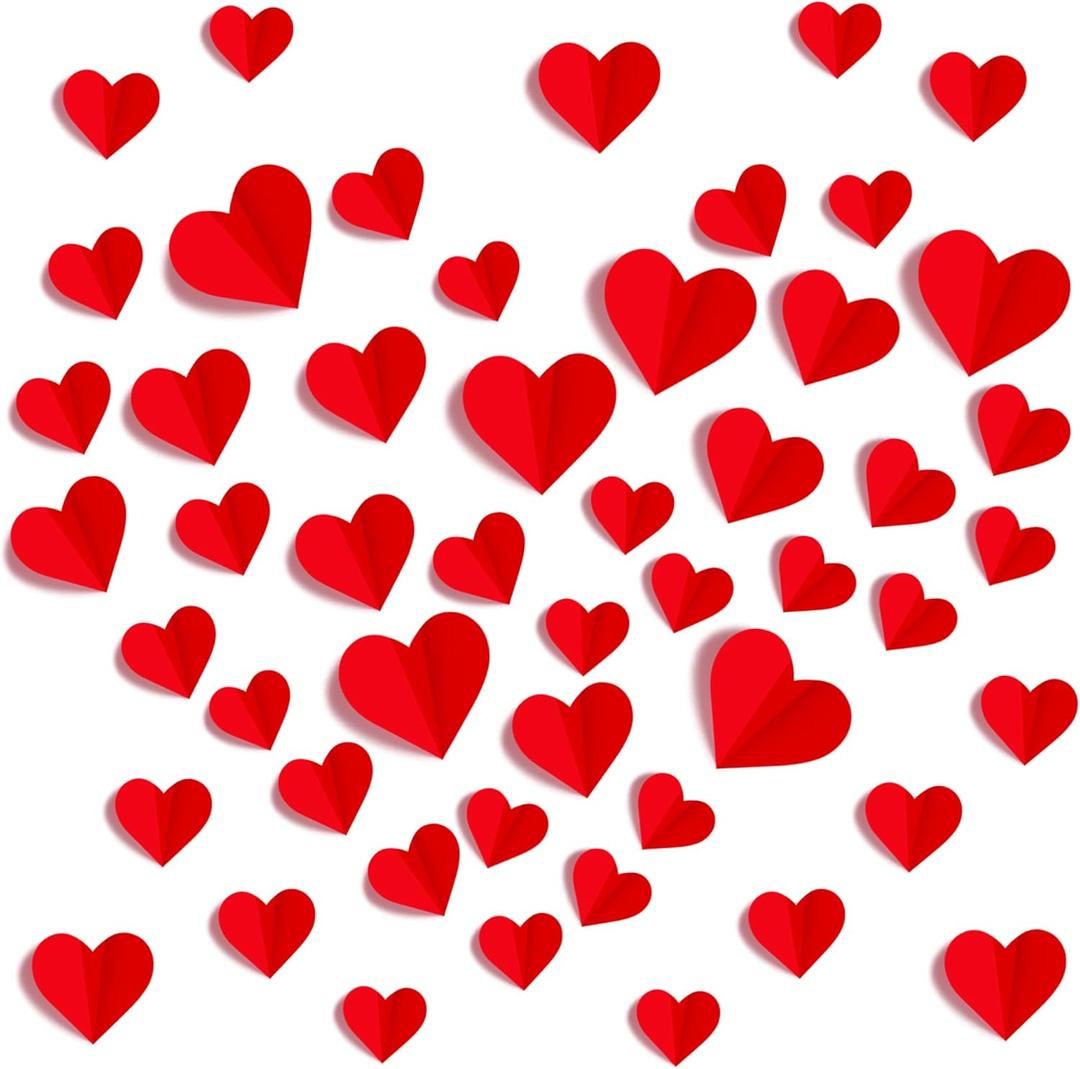120 Pcs 3D Heart Wall Stickers Valentines Day Wall Decorations Waterproof Red Heart Walls Decals Love Hearts PVC Walls Stickers Decal for Wedding Anniversary Party Bedroom Home School Office Decor