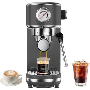 atatix 20 Bar Espresso Machine with Milk Frother, Compact Espresso Maker, Stainless Steel Coffee Machine with Precise Temp Control & 44oz Removable Water Tank for Latte, Cappuccino, Dark Grey