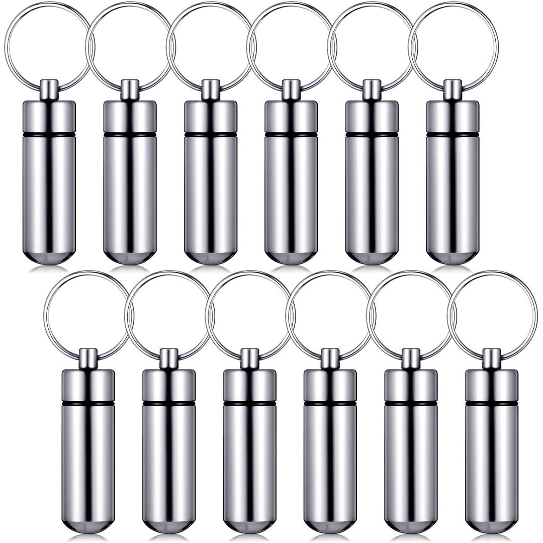 Patelai 12 Pcs Portable Keychain Pill Holder Mini Pocket Pill Case for Men Women Aluminum Geocache Containers Waterproof Metal Medicine Bottle Organizer for Outdoor Camping Travel(Silver)