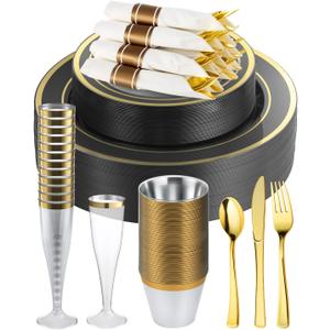 Goodluck 320PCS Black Gold Disposable Plastic Dinnerware Set for 40 Guests, Include 40 Dinner Plates, 40 Dessert Plates, 40 Napkins with Silverware, 40 Cups, 40 Champagne Glasses, for Various Parties