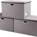 PRANDOM Extra Large Collapsible Storage Bins with Lids [3-Pack] Linen Fabric Foldable Storage Baskets Boxes Organizer Containers Cube with Cover for Bedroom Closet Office Nursery (22.8x15.75x13.8) (Gray)