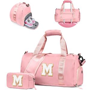 Gifts for 3 4 5 6 7 8 9 10 Year Old Girls-Girl Gym Bag with Shoe Compartment, Kid Personalized Weekender Dance Bags, Initial Travel Tote with Makeup Pouch, Gift Ideas for Kids (Letter M) (Solid Pink)