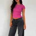 Women Y2K Crop Tops Short Sleeve Ribbed Knit Shirts Cute Bow Embroidery Tee Shirts Teen Girls Slim Fitted Baby Tees (Large, Fuchsia)