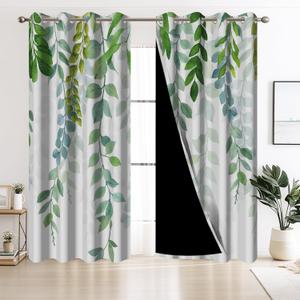 Watercolor Leaves Blackout Curtains, Spring Natural Rustic Plant Drapes, Living Room Bedroom Decoration Light Blocking Curtains Panels with Grommets,2 Panels,Each W42 xL63 (Green Leaf)