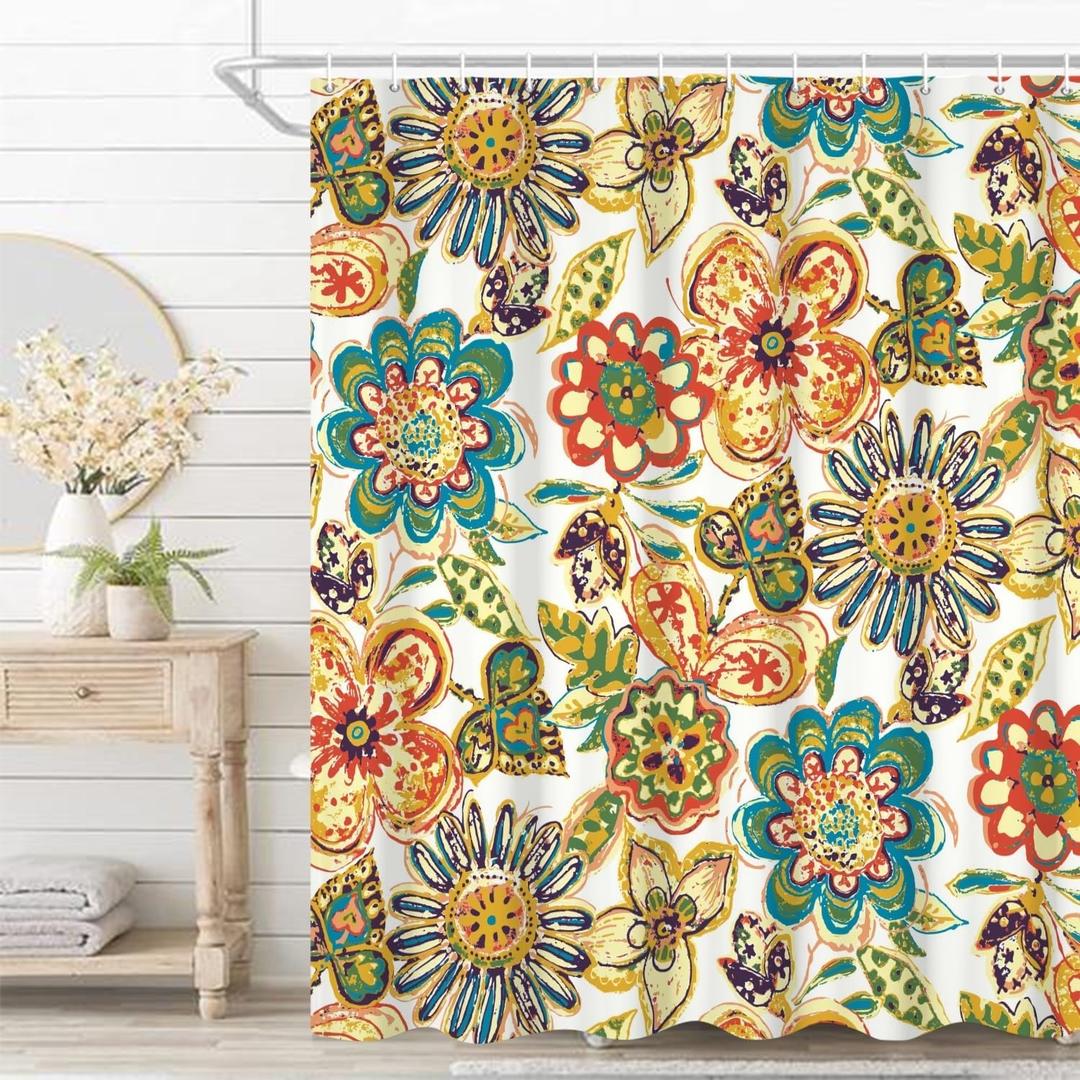 Boho Floral Bathroom Shower Curtain - Retro Funky Bohemian Flower Colorful Waterproof Durable Fabric Artistic Home Decor Shower Curtain with Hooks, 72x72 Inch
