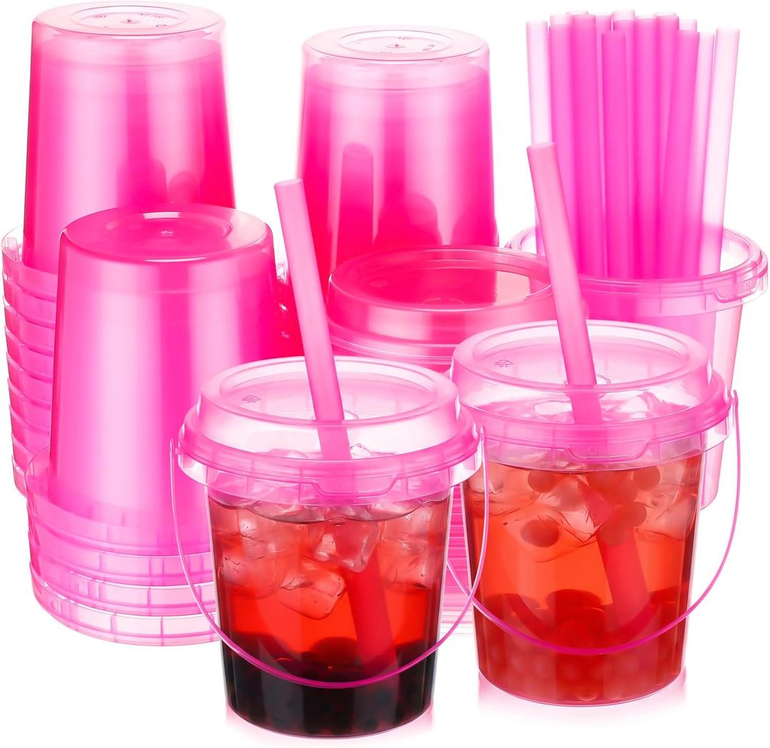 30 Set 24 oz Hot Pink Color Drink Buckets with Lids and Straws Disposable Clear Rum Plastic Drinking Cocktail Bucket with Handles for Beverage Coffee Lemonade Pool Picnic Party Supplies