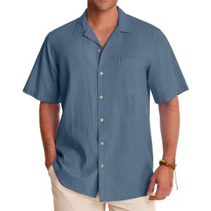 Alimens & Gentle Mens Linen Shirts Cotton Hawaiian Shirts Short Sleeve Button Down Shirts Casual Summer Beach Tops (Blue, XL)