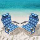5-Position Aluminum Lay Flat Tall Backpack Beach Chairs 2 Pack, Compact Portable Beach Chairs for Adults with Cooler Pouch, Storage Pouch, Towel Bar, Cup Holder & Phone Holder, Blue Stripe (Blue Stripe 2 Pack)