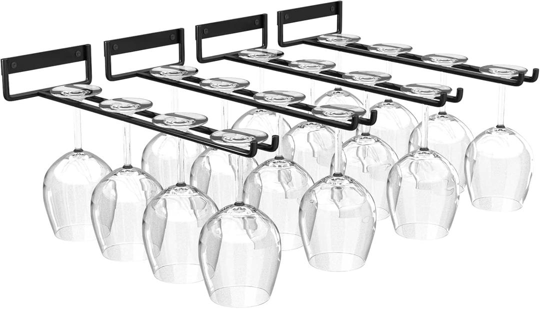 11.8 Inch  Glass Rack,Set of 4 Stemware  Glass Hanging Rack, Metal Glass Holder Under Cabinet Organization and Storage for Kitchen Bar Decor