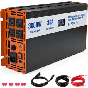 Sump Pump Battery Backup System, 3000W Pure Sine Wave Inverter with LCD Display, Auto Switches to Battery Power for Continuous Sump Pump Operation, for Basement Flood Protection&Power Outage Emergency