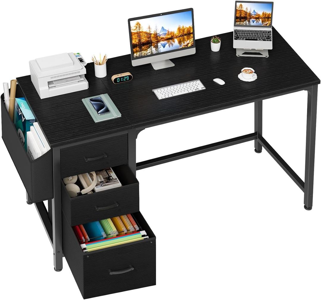 Lufeiya Computer Desk with Fabric File Drawers Cabinet, 55 Inch Reversible Home Office Desks with Filing Cabinet, Study Writing Table PC Desks with Storage for Bedroom, Black, 54.6"