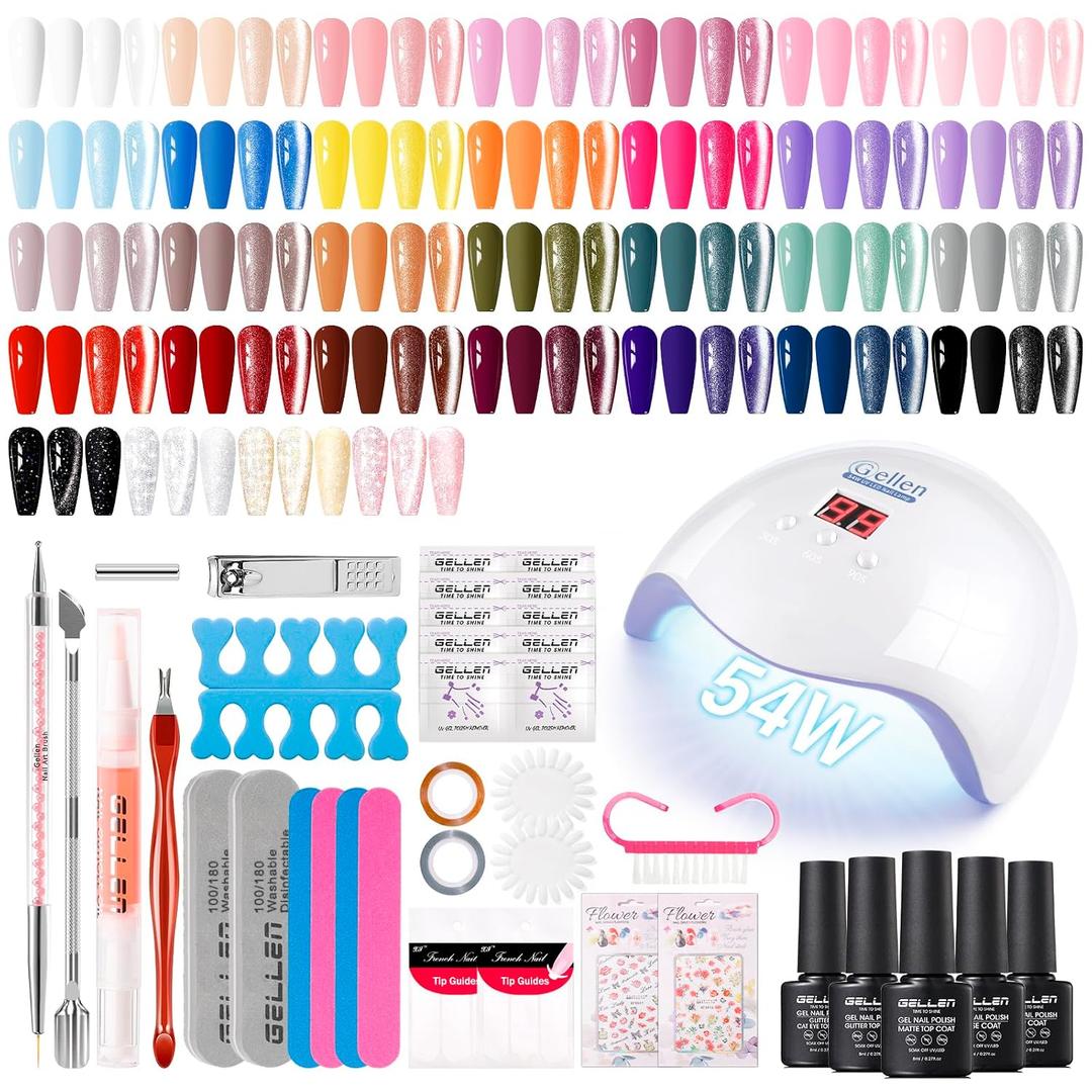 GELLEN 71pcs Gel Nail Polish Kit with U V Light, 32pcs All Seasons Color Hema-Free GelNail Polish Set with 5pcs Functional Gel Top and Base Coat, Nail Art Manicure Salon Nail Kit for Women