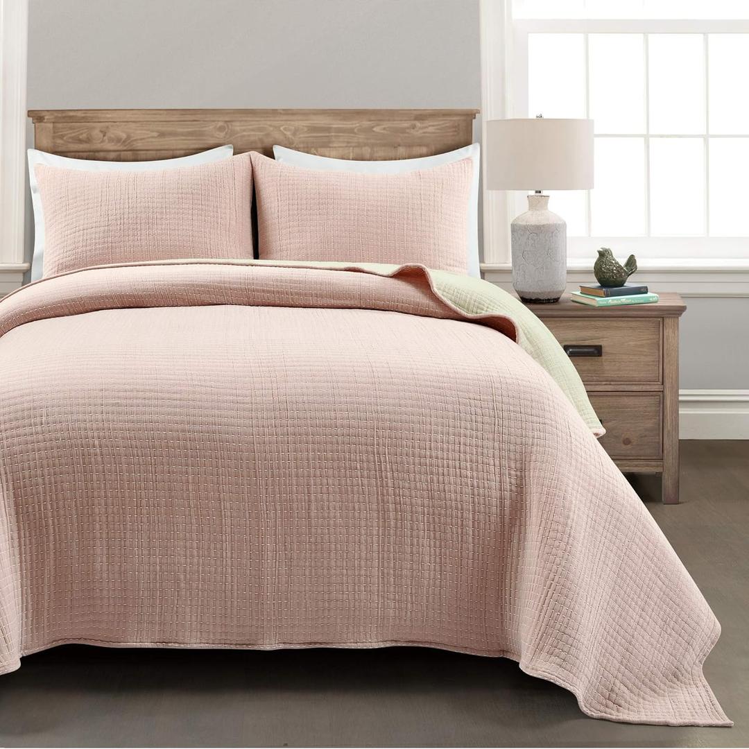 Lush Decor Solid Kantha Pick Stitch Yarn Dyed Cotton Quilt Queen Size 3 Piece Set Full/Queen Blush & Off White - Bedding Set Queen Quilt Lightweight
