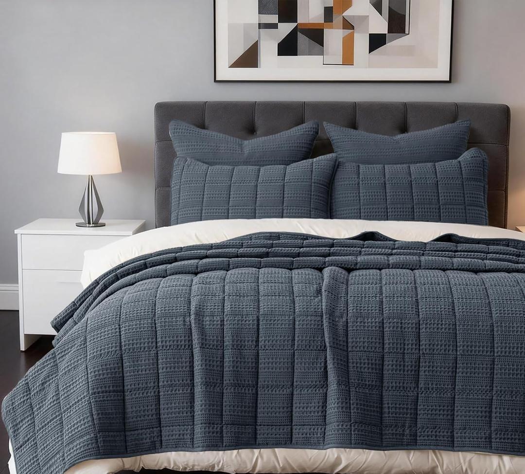 3 Pieces Cotton Quilt Set Queen Size Bedding Sets 90x98 with Pillow Shams Ultra Soft Lightweight Bedspread Waffle Weave Quilted Bed Coverlets for All Season, Grey Blue