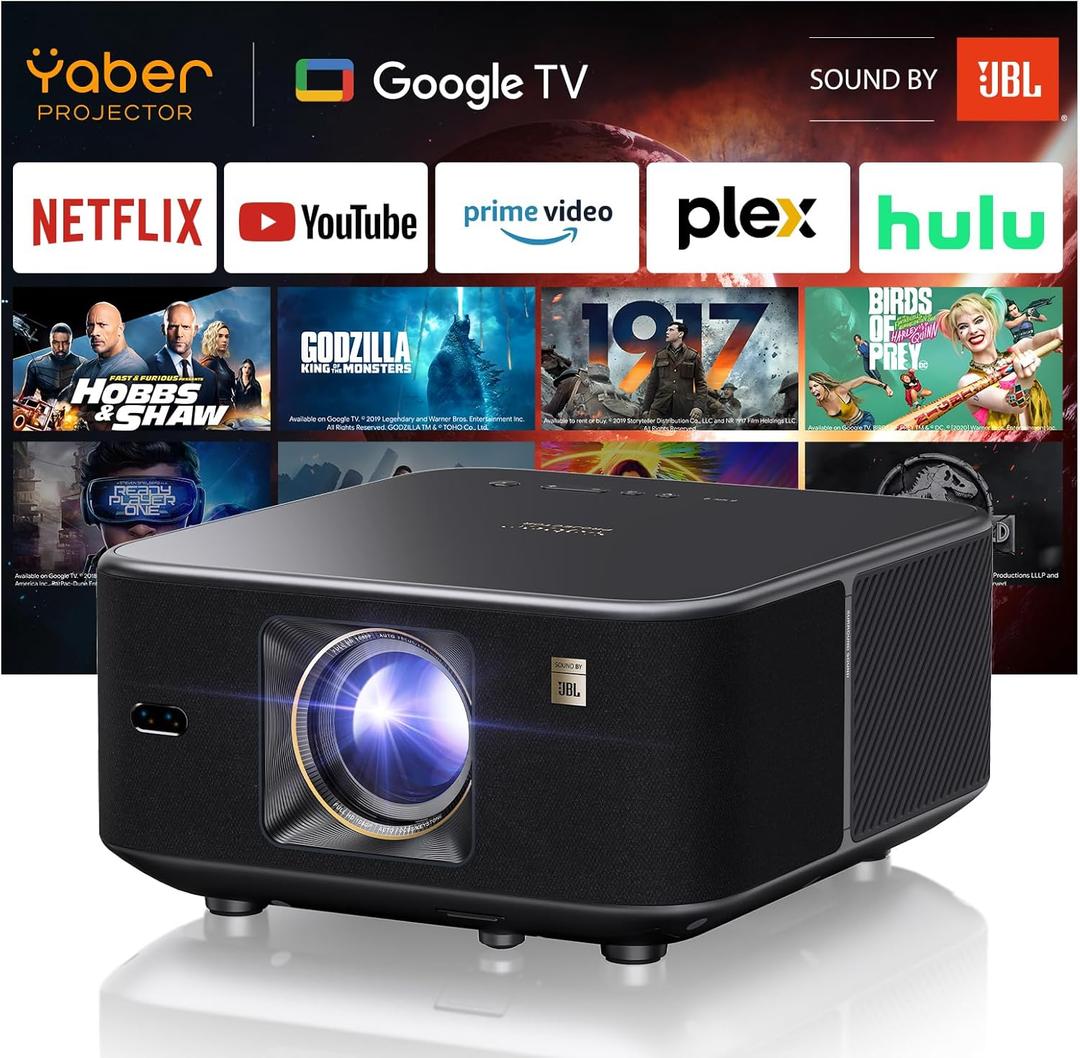 Yaber PROJECTOR K3 1000 ISO Lumens Smart Projector with GTV, 30W Speaker Sound by JBL, Dolby Audio, Home/Outdoor Movie Projector with WiFi6 and Bluetooth, Auto Screen Adaptation,Netflix 7000+app