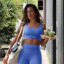 OLCHEE Womens Workout Sets 2 Piece Seamless Square Neck Sports Bra Padded Butt Lifting Leggings High Waist Yoga Gym Outfits (Blue, M)