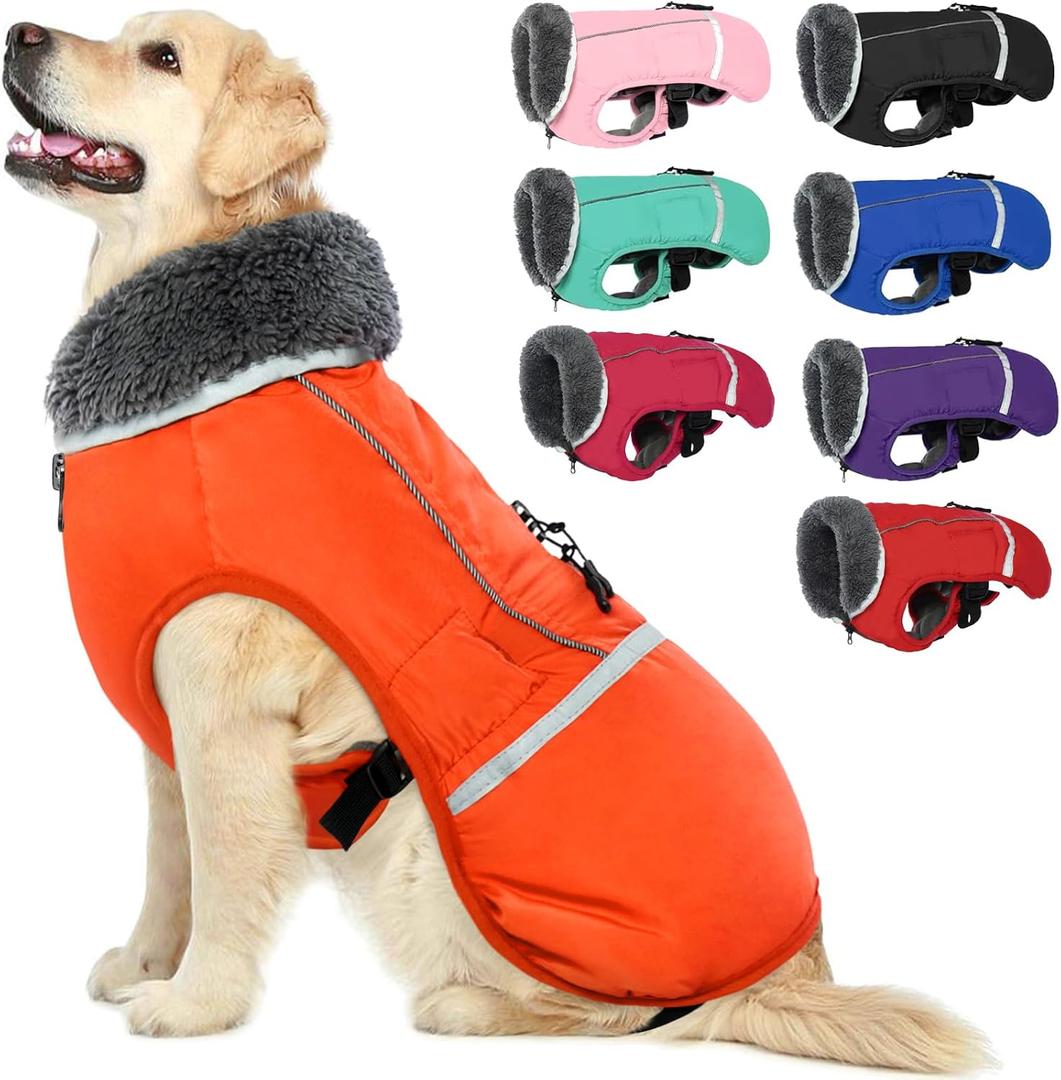 QBLEEV Warm Dog Coat Reflective Dog Jacket, Waterproof Dog Winter Coat Turtleneck Dog Clothes for Cold Weather, Thick Fleece Dog Snowsuit Christmas Dog Vest Pet Apparel for Small Medium Large Dogs M (Orange)
