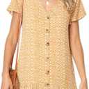 Imysty Womens Polka Dot V Neck Button Down Ruffles Loose Mini Short T-Shirt Dress, Medium