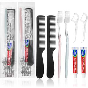 100pcs Disposable Toothbrushes with Toothpaste Floss Comb Individually Wrapped, 4-in-1 Bulk Toothbrush Kit with 2 Color Toothbrush,10g Toothpaste,7 inch Comb, Floss Pick