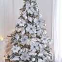 Winlyn 26 Set 3 Style Christmas Silver Glitter Poinsettia Flowers Picks Xmas Tree Ornaments and 12 Yards Decorative Silver Glittered Wired Ribbon for Silver Christmas Tree Wreath Garland Holiday Dcor