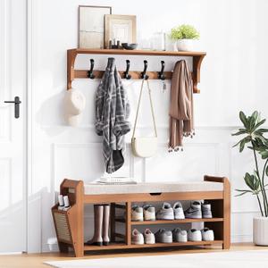 PETKABOO 39.4" Bamboo Shoe Rack Bench with Coat Rack, 3-Tier Entryway Bench with Thick Cushion, Flip-Top & Side Baskets, Holds Up to 550 LBS for Hallway, Living Room, Bedroom