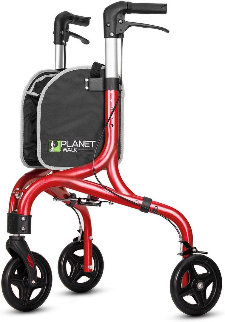 Planetwalk Premium 3 Wheel Rollator Walker for Seniors - Ultra Lightweight Foldable Walker for Elderly, Aluminum Three Wheel Mobility Aid, Brilliant Red