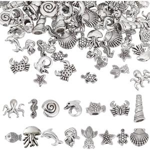 PH PandaHall 150PCS 15 Styles Ocean Animal Tibetan Beads Antique Silver Sea Turtle Starfish Spacer Beads Sea Life Creatures Alloy Loose Beads for DIY Necklace Bracelet Craft Jewelry Making