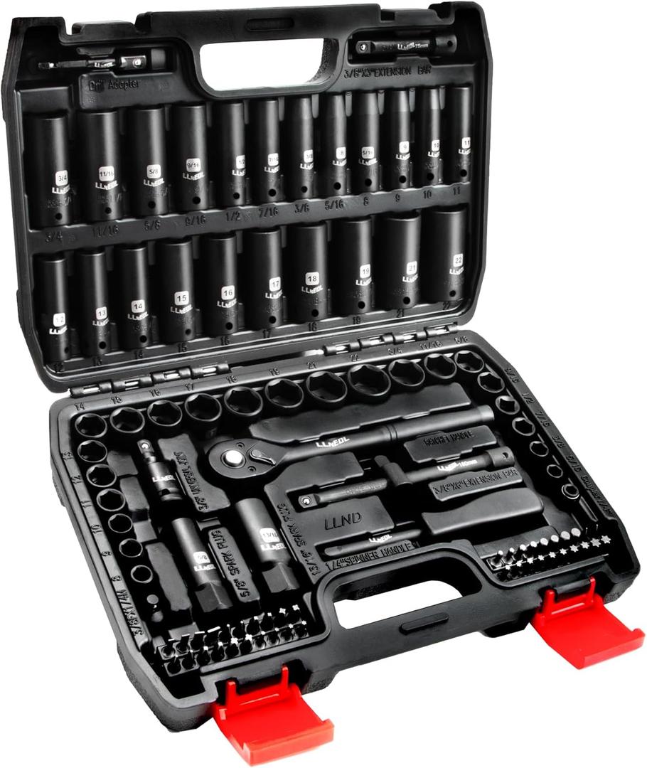 Impact Socket Set 3/8 Drive,95Pcs Deep&Shallow Socket Wrench Set,6 Point Metric&Standard Full |5/16"-3/4",8-22mm| with Spark Plug Sockets,72T Ratchet Handle, Screwdrivers for Automotive&Home (Black Case)