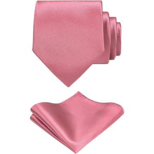 TIE G Solid Satin Woven dyed Color Formal Black Necktie and Pocket Square Sets in Gift Box (Old Rose)