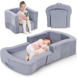 Portable Toddler Travel Bed, 2in1 Foldable Toddler Bed Sofa Chair, Soft Baby Kids Travel Floor Cot with Washable Covers Safety Foam Raised Bumper for Grandma's House Road Trips Camping Hotel
