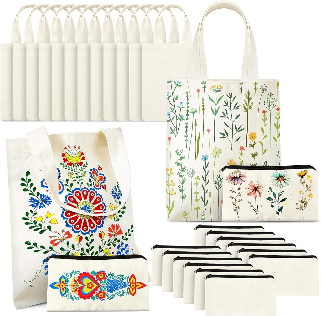 Amylove 24 Pcs Mini Canvas Tote Bag Set Include Small Canvas Bag Blanks Small Pouches with Zipper for Sublimation (8 x 10, Natural Color)