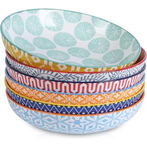 Selamica Porcelain 26 Ounce Pasta Bowls Set of 6, 8 inch Wide and Shallow Salad Bowls, Serving Bowls, Microwave & Dishwasher Safe, Sturdy & Stackable, Variety of Colors