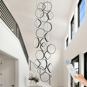 Modern LED Chandelier 20-Light Black Chandeliers for High Ceiling Dimmable Foyer Chandeliers with Remote Control Large Long Chandelier for Staircase Living Room Entryway, 3000-6500k