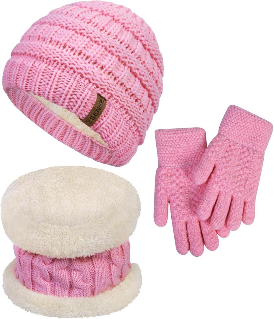 YSense 3 Pcs Kids Winter Beanie Hat Scarf Gloves Set Thick Knit Warm Fleece Fuzzy Lined Beanie Caps Mittens for Boys Girls (Pink)