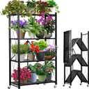 Metal Plant Stand Plant Shelf Folding Plant Stand No Assembly Required Easy to Move 4 Tiers Flower Stand with wheels for Living Room Bedroom Flower Room Indoor outdoor Black