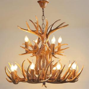 Deer Antler Chandelier with Adjustable Chain - 12 Light Farmhouse Antler Chandeliers Deer Horn Lamp for Dining Room, Kitchen, Living Room, Bedroom, Bar, Cafe, and Cabin for High Ceilings