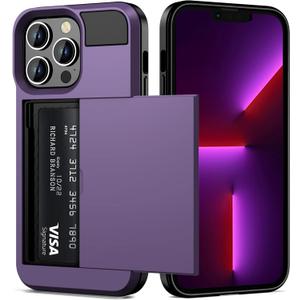 Vofolen for iPhone 13 Pro Case Wallet Credit Card Holder ID Slot Sliding Door Hidden Pocket Men Women Anti-Scratch Dual Layer Hybrid Bumper Armor Protective Shell Back Cover 6.1 inch GreyPurple