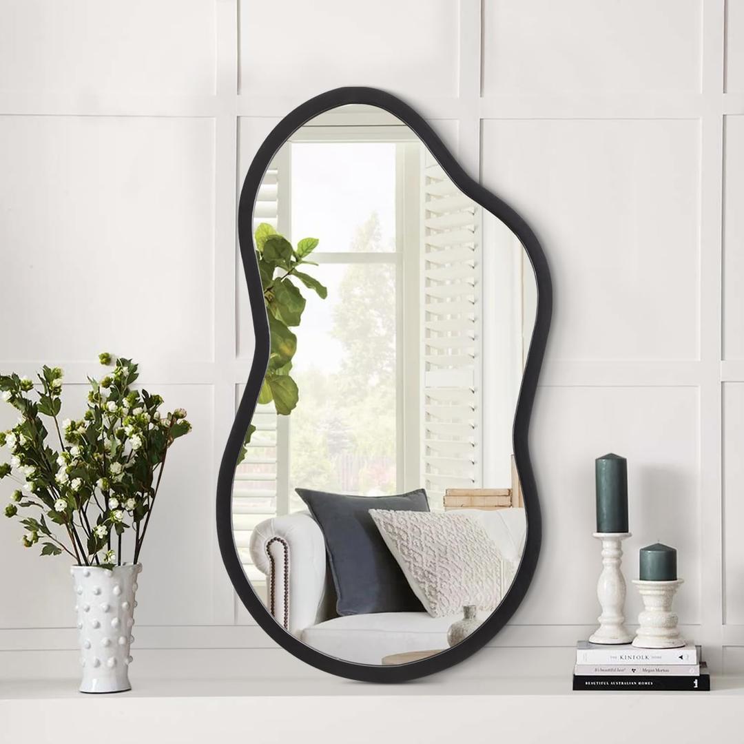 AAZZKANG Irregular Wall Mirror with Wood Framed Small Asymmetrical Black Hanging Mirrors for Bedroom Living Room Bathroom Entryway Dressing Room Decorative (14"L x 8"W)