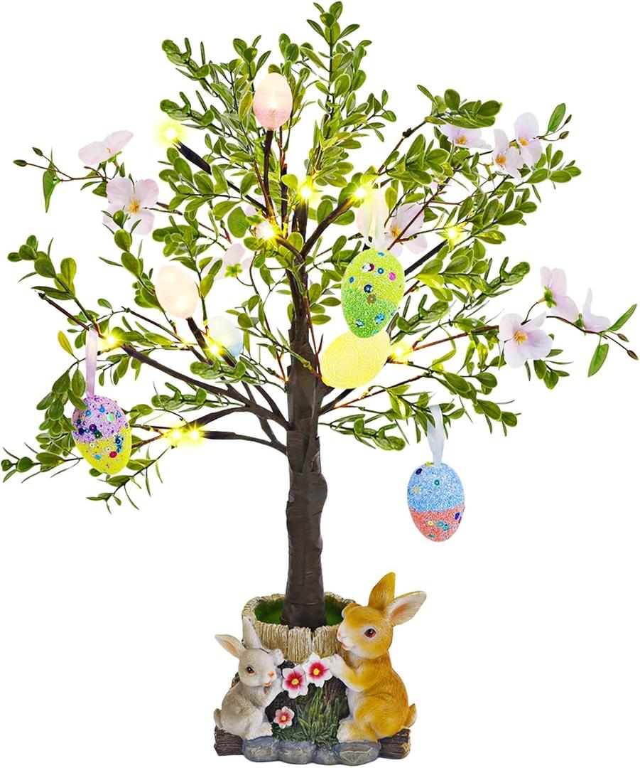 DR.DUDU Lighted Easter Tree 23.5 Inch - Pre-Lit Easter Decorations for Table with Eggs & Bunny Pot, Spring Trees Centerpiece with Lights for Dining Room, Home, Mantel, Office Dcor
