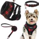 SCENEREAL Small Dog Harness Collar and Leash Set, Warm Fleece No Pull Puppy Vest Harness, Christmas Dog Outfit No Chock Adjustible Step in Pet Halter for Outdoor Walking Training, Red Plaid XS (XS: Chest Girth: 10"-14")