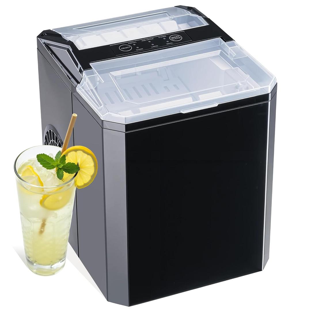 HealSmart Countertop Ice Maker, 9 Ice Cubes Ready in 6 Minutes, 26lbs/24Hrs, 2 Sizes Bullet Ice, Self-Cleaning with Scoop, Basket & Handle, for Kitchen, Office, Black