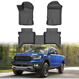 Mixsuper Floor Mats for Ford Ranger Supercrew Cab 2019-2023 All Weather Floor Liners Durable 1st and 2nd Set Black