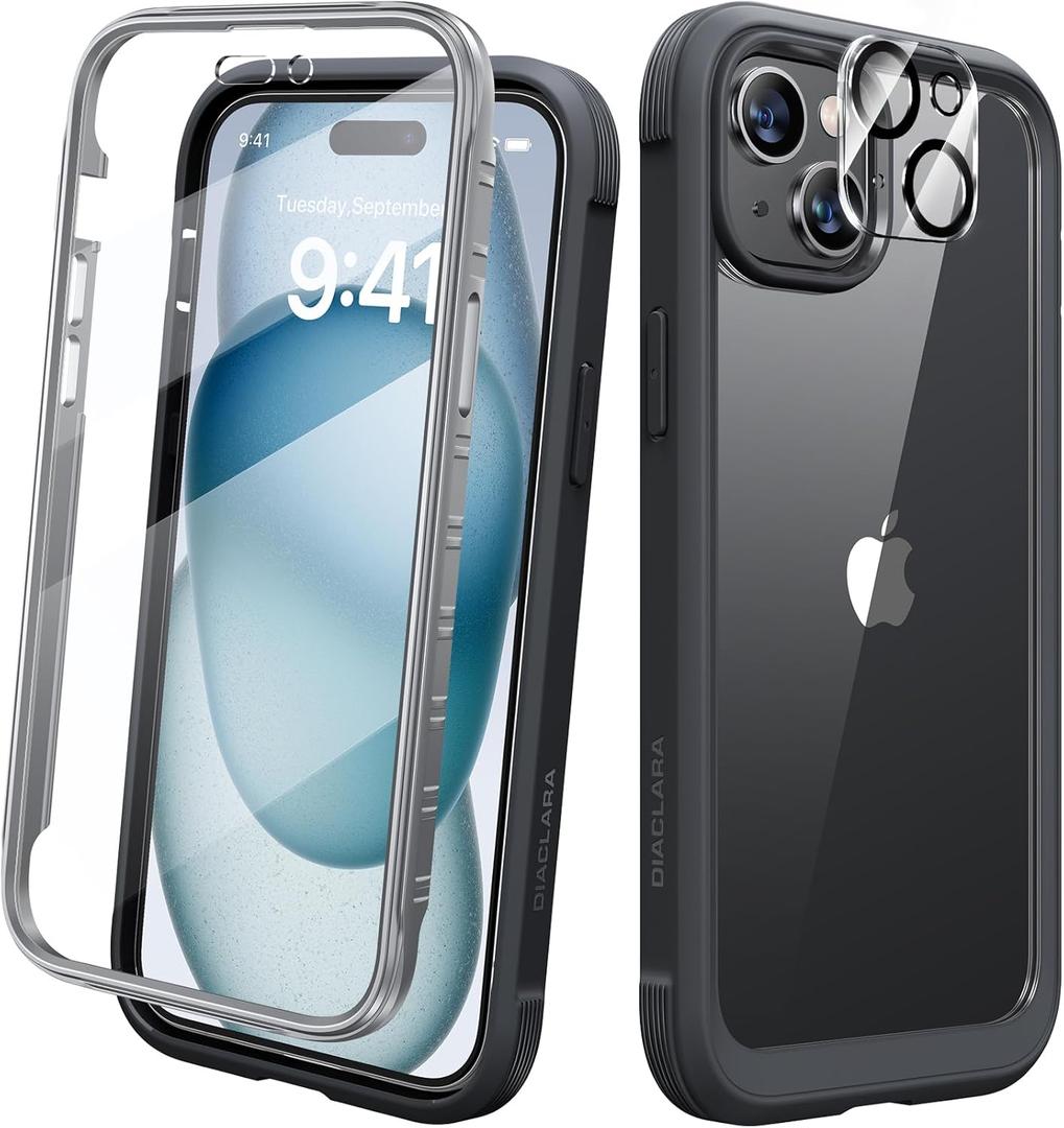 Diaclara Designed for iPhone 15 Plus Case 6.7'', Full-Body Clear Bumper Case with Built-in Screen Protector, 360 Protective Rugged Cover+9H Tempered Glass Camera Lens Protector, Black | 6.7'', 360 Protective, Rugged Cover