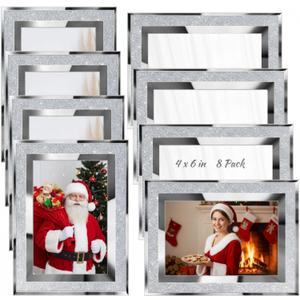 Qunclay 8 Pcs Silver Picture Frames Bulk Small Glitter Glass Photo Frame for Tabletop Display Wedding Birthday Christmas Gifts, Bling Edge, Horizontally or Vertically(4 x 6 Inch)